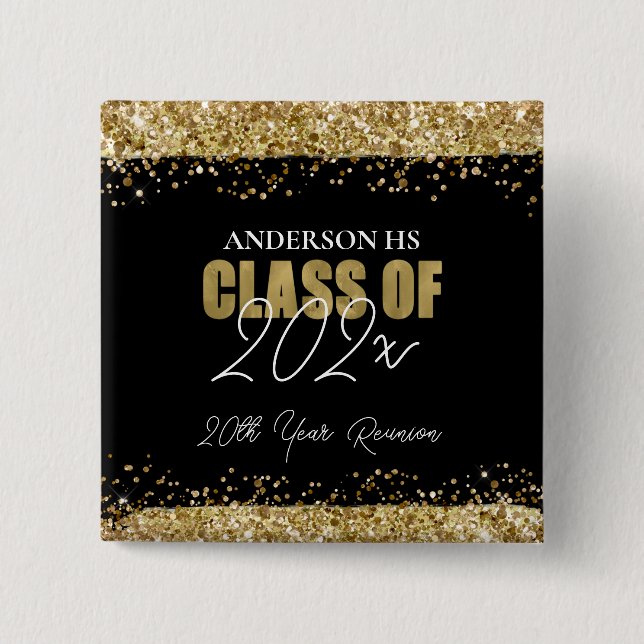 Class Reunion Black and Gold Glitter  2 Inch Square Button (Front)