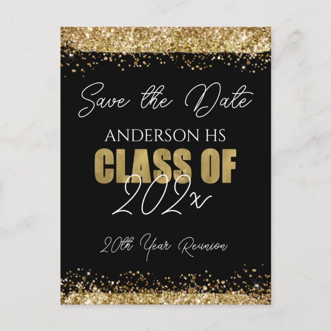 Class Reunion Black and Gold Save the Date Postcard (Front)