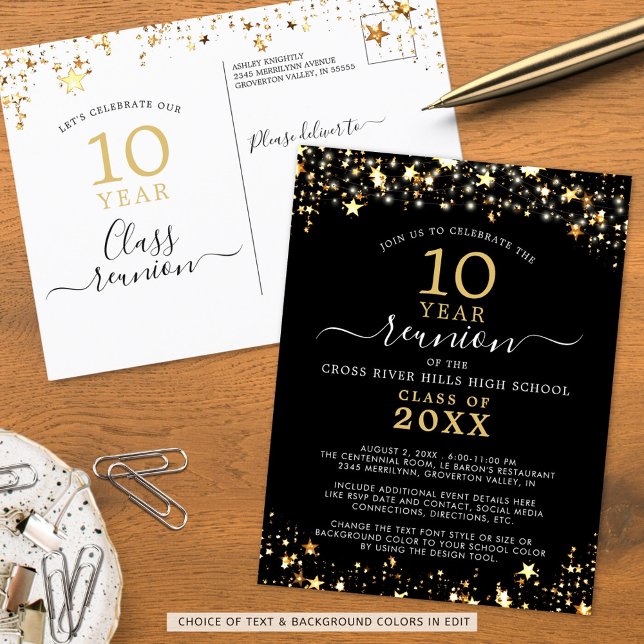 Class Reunion Black Gold Stars Lights Any Year Postcard (Creator Uploaded)