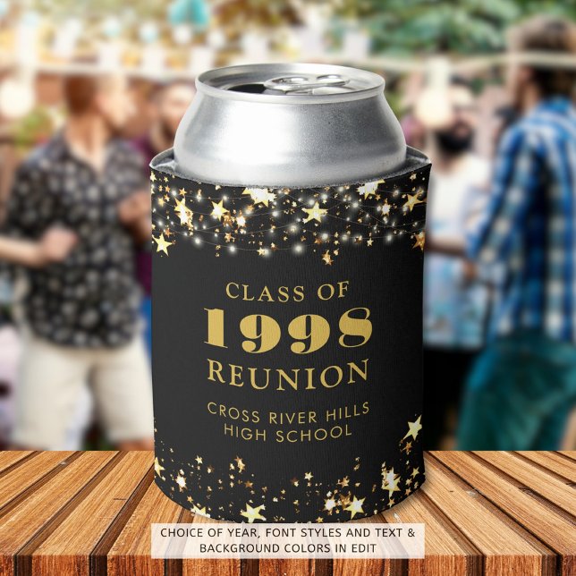 Class Reunion Black Gold Stars Personalized Can Cooler (Creator Uploaded)