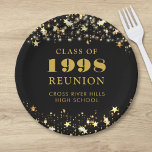 Class Reunion Black Gold Stars Personalized Paper Plate<br><div class="desc">Celebrate with classmates at your school or college class reunion with these personalized and custom colour paper plates for any graduating class (the year is editable) with your class year and school name. The design features gold stars and string lights against an editable black background colour and text colours you...</div>