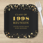 Class Reunion Black Gold Stars Personalized Paper Plate<br><div class="desc">Personalized and custom colour high school or college class reunion paper plates for any graduating class (the year is editable) with your class year and school name. The design features gold stars and string lights against an editable black background colour you can change to your school colour. CHANGES: The background...</div>