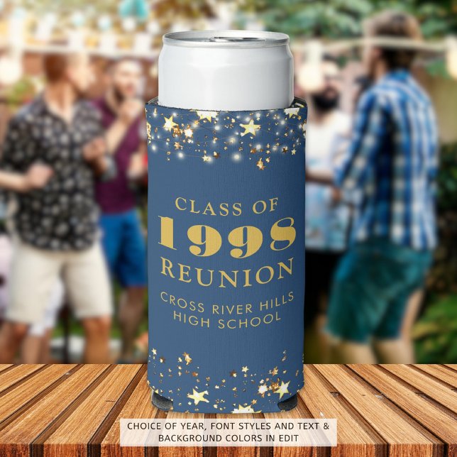 Class Reunion Black Gold Stars Personalized Seltzer Can Cooler (Creator Uploaded)