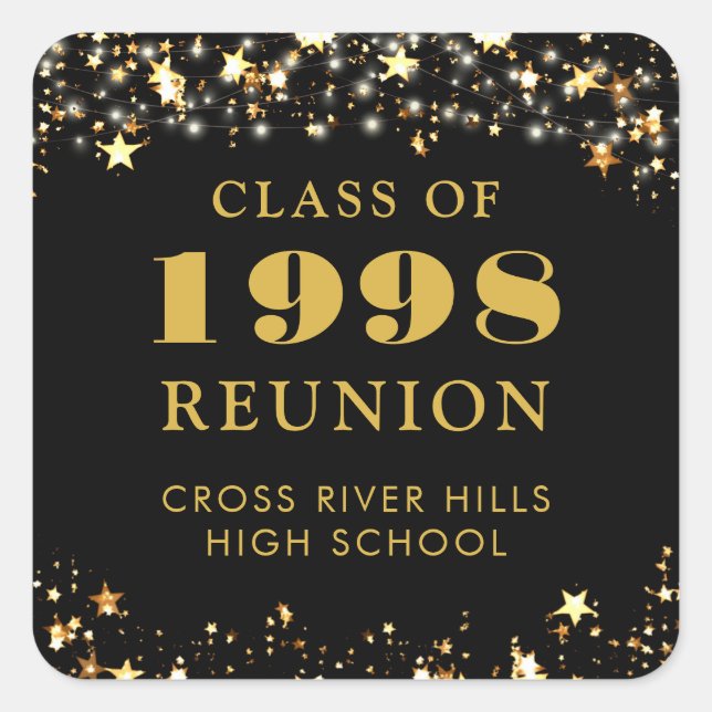 Class Reunion Black Gold Stars Personalized Square Sticker (Front)