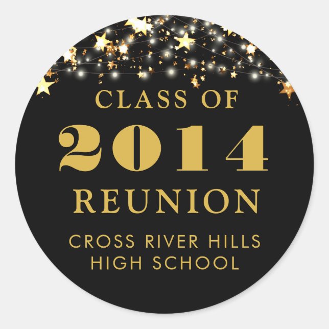 Class Reunion Black Gold Stars String Lights Classic Round Sticker (Front)