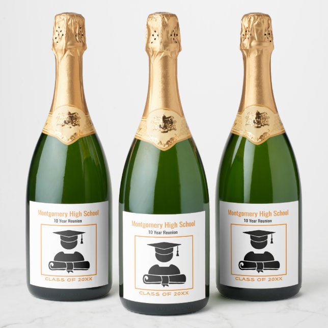 Class Reunion Black Orange Custom Sparkling Wine Label (Bottles)