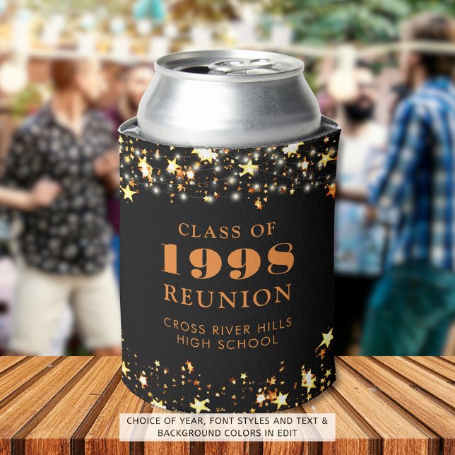Class Reunion Black Orange Gold Stars Personalized Can Cooler (Creator Uploaded)