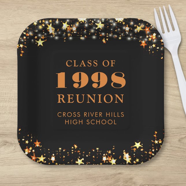 Class Reunion Black Orange Gold Stars Personalized Paper Plate (Creator Uploaded)