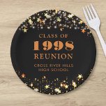 Class Reunion Black Orange Stars Personalized Paper Plate<br><div class="desc">Celebrate with classmates at your school or college class reunion with these personalized and custom colour paper plates for any graduating class (the year is editable) with your class year and school name. The design features orange stars and string lights against an editable black background colour and text colours you...</div>