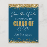 Class Reunion Blue and Gold Save the Date Postcar