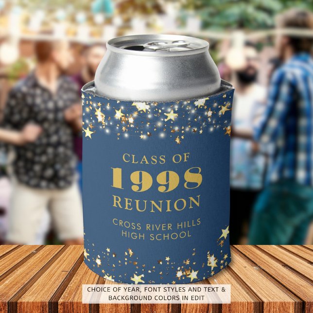 Class Reunion Blue Gold Stars Personalized Can Cooler (Creator Uploaded)
