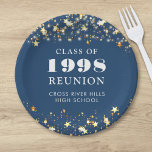 Class Reunion Blue Gold Stars Personalized Paper Plate<br><div class="desc">Celebrate with classmates at your school or college class reunion with these personalized and custom colour paper plates for any graduating class (the year is editable) with your class year and school name. The design features gold stars and string lights against an editable blue background colour and text colours you...</div>