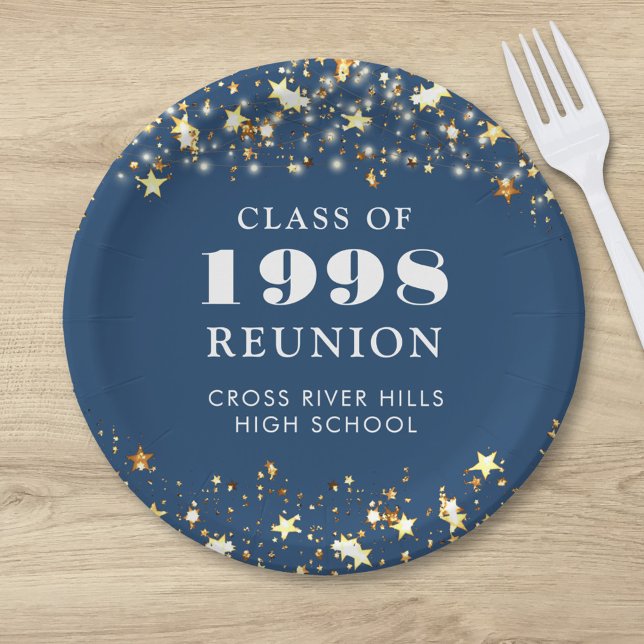 Class Reunion Blue Gold Stars Personalized Paper Plate (Creator Uploaded)
