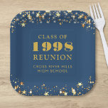 Class Reunion Blue Gold Stars Personalized Paper Plate<br><div class="desc">Personalized blue high school or college class reunion paper plates for any graduating class (the year is editable) with your class year and school name. The design features gold stars and string lights against an editable blue background colour you can change to your school colour. CHANGES: The background and text...</div>