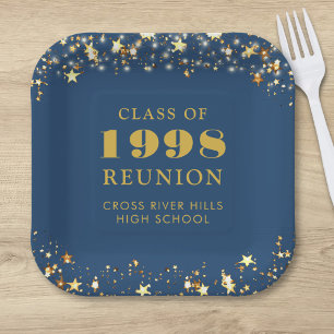 Class Reunion Blue Gold Stars Personalized Paper Plate