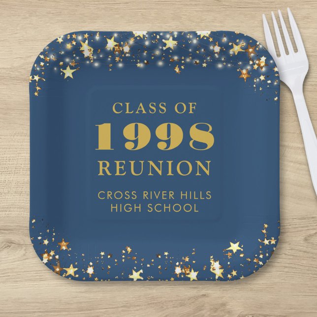 Class Reunion Blue Gold Stars Personalized Paper Plate (Creator Uploaded)