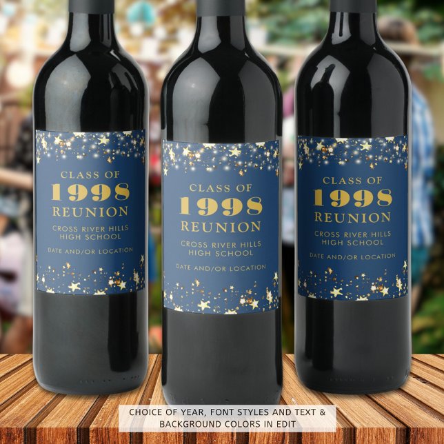 Class Reunion Blue Gold Stars Personalized Wine Label (Creator Uploaded)