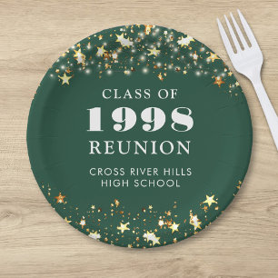 Class Reunion Gold Stars Green Personalized Paper Plate