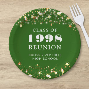 Class Reunion Green Gold Stars Personalized Paper Plate
