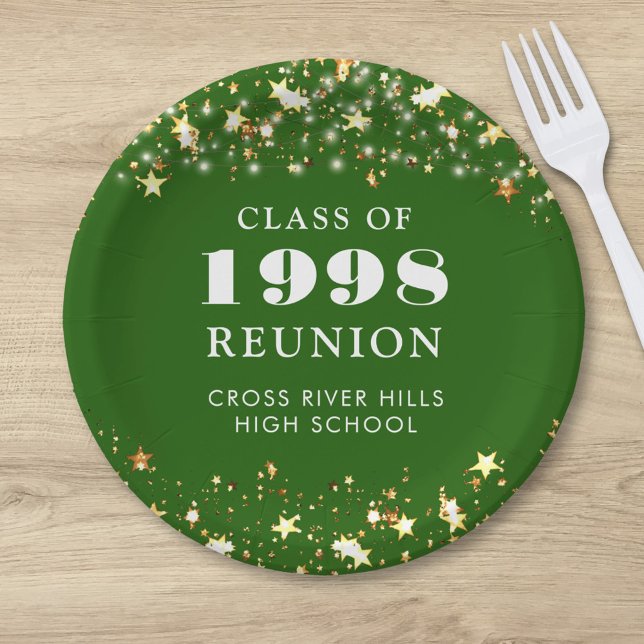 Class Reunion Green Gold Stars Personalized Paper Plate (Creator Uploaded)