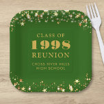 Class Reunion Green Gold Stars Personalized Paper Plate<br><div class="desc">Personalized green high school or college class reunion paper plates for any graduating class (the year is editable) with your class year and school name. The design features gold stars and string lights against an editable green background colour you can change to your school colour. CHANGES: The background and text...</div>