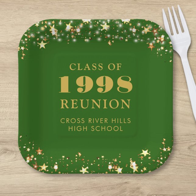 Class Reunion Green Gold Stars Personalized Paper Plate (Creator Uploaded)