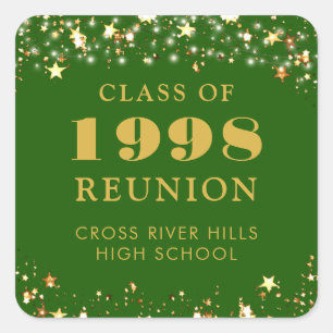 Class Reunion Green Gold Stars Personalized Square Sticker