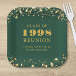 Class Reunion Green Gold Stars Year School Name Paper Plate<br><div class="desc">Personalized dark green high school or college class reunion paper plates for any graduating class (the year is editable) with your class year and school name. The design features gold stars and string lights against an editable green background colour you can change to your school colour. CHANGES: The background and...</div>