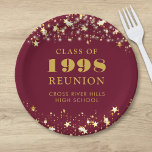 Class Reunion Maroon Gold Stars Personalized Paper Plate<br><div class="desc">Celebrate with classmates at your school or college class reunion with these personalized and custom colour paper plates for any graduating class (the year is editable) with your class year and school name. The design features gold stars and string lights against an editable maroon burgundy background colour and text colours...</div>