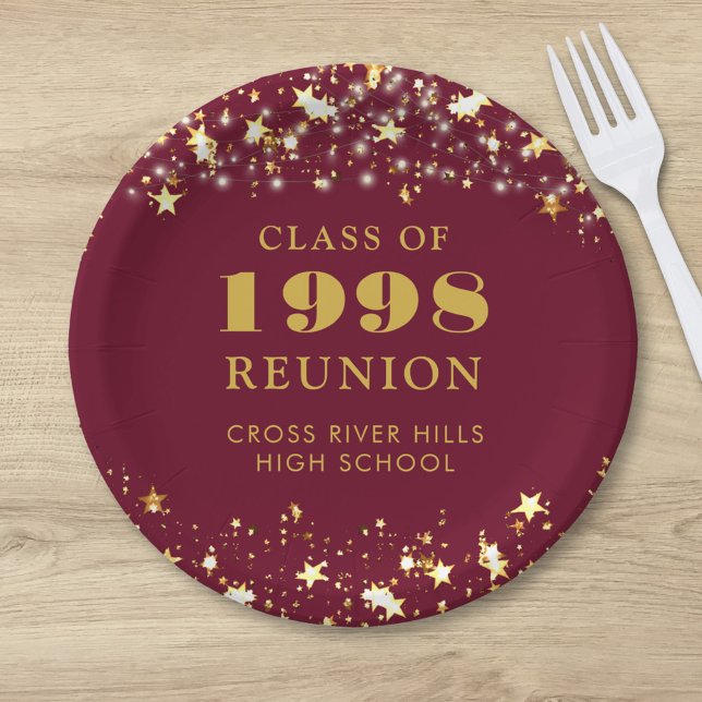 Class Reunion Maroon Gold Stars Personalized Paper Plate (Creator Uploaded)