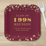 Class Reunion Maroon Gold Stars Personalized Paper Plate<br><div class="desc">Personalized burgundy maroon high school or college class reunion paper plates for any graduating class (the year is editable) with your class year and school name. The design features gold stars and string lights against an editable maroon background colour you can change to your school colour. CHANGES: The background and...</div>