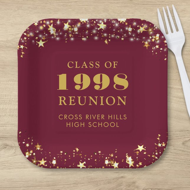 Class Reunion Maroon Gold Stars Personalized Paper Plate (Creator Uploaded)