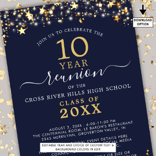 Class Reunion Navy Blue Gold Stars Lights Any Year Invitation