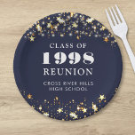 Class Reunion Navy Blue Gold Stars Personalized Paper Plate<br><div class="desc">Celebrate with classmates at your school or college class reunion with these personalized and custom colour paper plates for any graduating class (the year is editable) with your class year and school name. The design features gold stars and string lights against an editable navy blue background colour and text colours...</div>