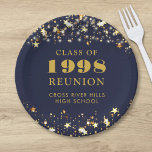 Class Reunion Navy Blue Gold Stars Personalized Paper Plate<br><div class="desc">Celebrate with classmates at your school or college class reunion with these personalized and custom colour paper plates for any graduating class (the year is editable) with your class year and school name. The design features gold stars and string lights against an editable navy blue background colour and text colours...</div>