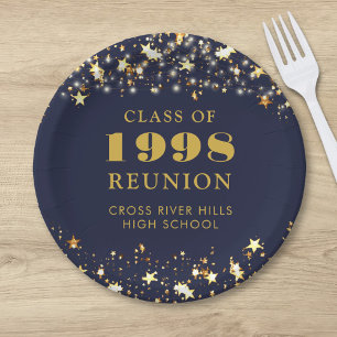 Class Reunion Navy Blue Gold Stars Personalized Paper Plate