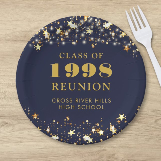 Class Reunion Navy Blue Gold Stars Personalized Paper Plate (Creator Uploaded)