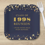 Class Reunion Navy Blue Gold Stars Personalized Paper Plate<br><div class="desc">Personalized and custom colour high school or college class reunion paper plates for any graduating class (the year is editable) with your class year and school name. The design features gold stars and string lights against an editable navy blue background colour you can easily change to your school colour. CHANGES:...</div>