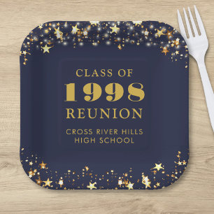 Class Reunion Navy Blue Gold Stars Personalized Paper Plate