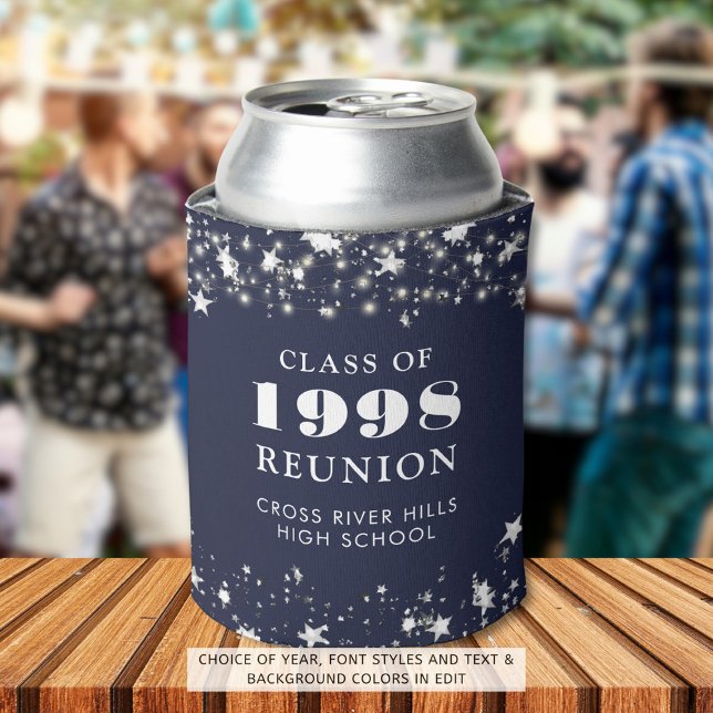 Class Reunion Navy Blue Silver Stars Personalized Can Cooler (Creator Uploaded)