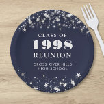 Class Reunion Navy Blue Silver Stars Personalized Paper Plate<br><div class="desc">Celebrate with classmates at your school or college class reunion with these personalized and custom colour paper plates for any graduating class (the year is editable) with your class year and school name. The design features silver stars and string lights against an editable navy blue background colour and text colours...</div>