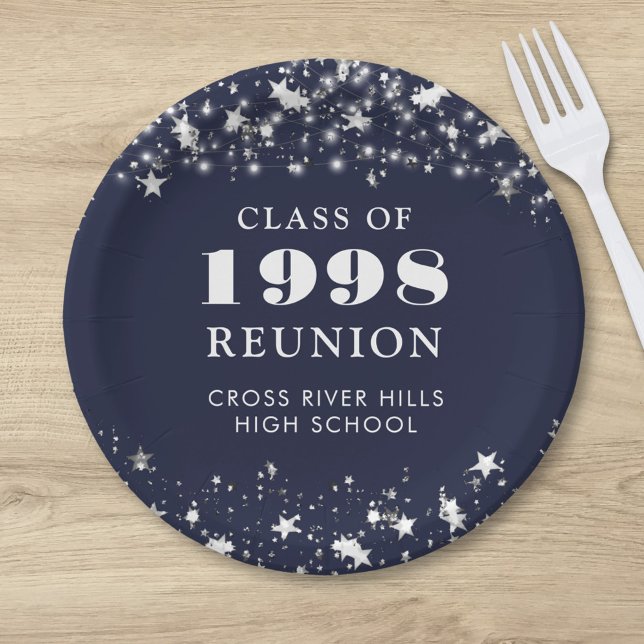 Class Reunion Navy Blue Silver Stars Personalized Paper Plate (Creator Uploaded)