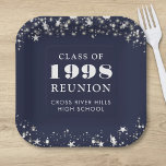 Class Reunion Navy Blue Silver Stars Personalized Paper Plate<br><div class="desc">Personalized navy blue high school or college class reunion paper plates for any graduating class (the year is editable) with your class year and school name. The design features silver stars and string lights against an editable navy background colour you can change to your school colour. CHANGES: The background and...</div>