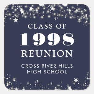 Class Reunion Navy Blue Silver Stars Personalized Square Sticker