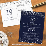 Class Reunion Navy Blue Stars Lights Any Year Postcard<br><div class="desc">Modern and elegant class reunion postcard invitation for any year reunion (shown for a 10 Year) featuring silver stars and lights, elegant handwritten script typography and a custom colour background (shown in navy blue) that you can change to your school colour or party theme colour. All text is editable to...</div>