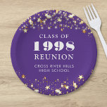 Class Reunion Purple Gold Stars Personalized Paper Plate<br><div class="desc">Celebrate with classmates at your school or college class reunion with these personalized and custom colour paper plates for any graduating class (the year is editable) with your class year and school name. The design features gold stars and string lights against an editable purple background colour and text colours you...</div>