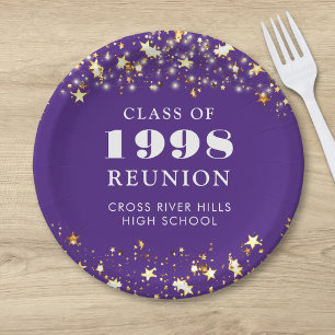 Class Reunion Purple Gold Stars Personalized Paper Plate
