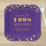 Class Reunion Purple Gold Stars Personalized Paper Plate<br><div class="desc">Personalized purple high school or college class reunion paper plates for any graduating class (the year is editable) with your class year and school name. The design features gold stars and string lights against an editable purple background colour you can change to your school colour. CHANGES: The background and text...</div>