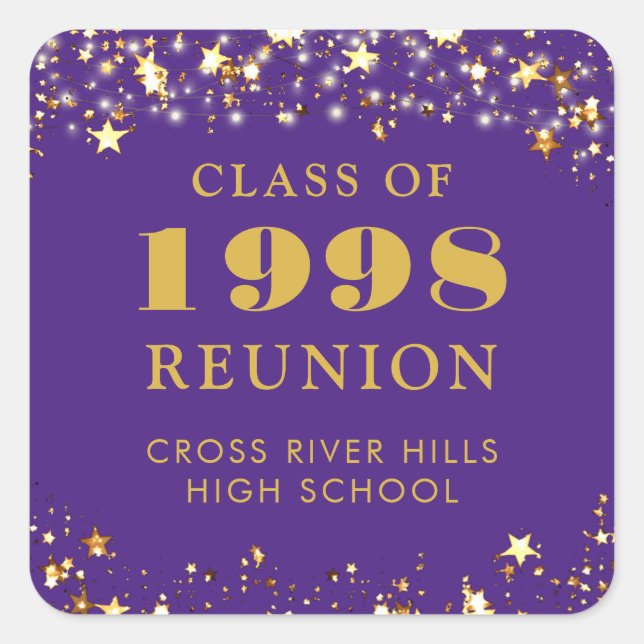 Class Reunion Purple Gold Stars Personalized Square Sticker (Front)