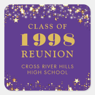 Class Reunion Purple Gold Stars Personalized Square Sticker